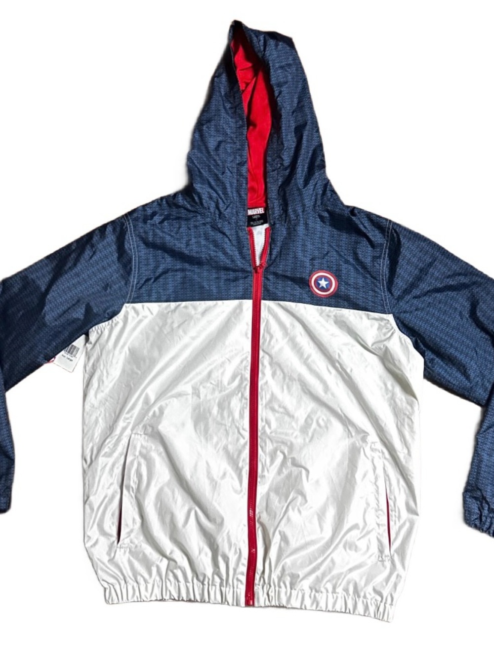 Marvel Captain America Shield Windbreaker Jacket W/Hood ~ Large ~Blue/White ~New